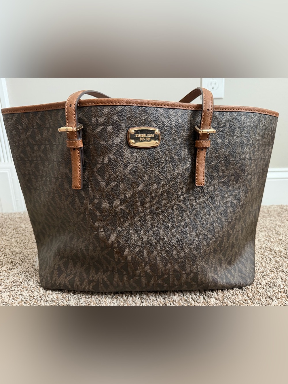 Michael Kors Dark Brown MK Logo Tote with Tan Trim